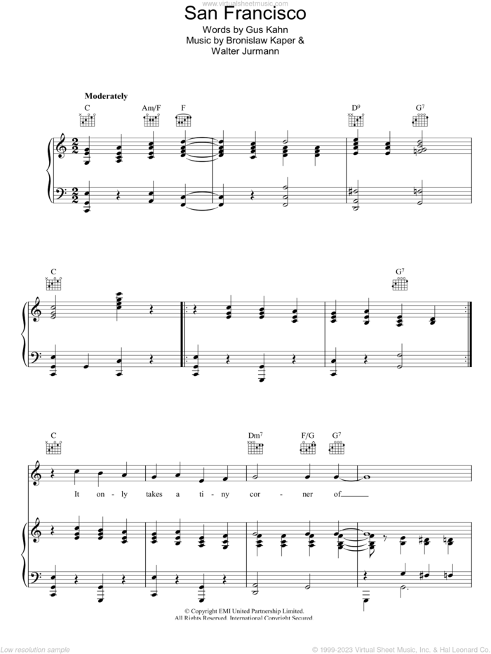 San Francisco sheet music for voice, piano or guitar by Bronislau Kaper, Walter Jurmann and Gus Kahn, intermediate skill level