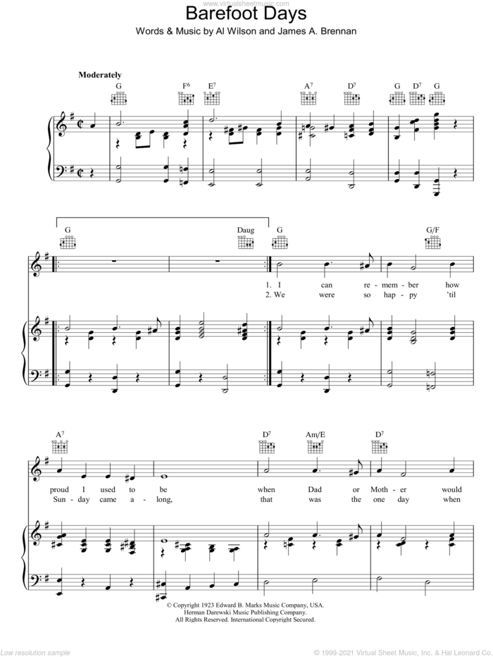 Barefoot Days sheet music for voice, piano or guitar by Al Wilson and James Brennan, intermediate skill level