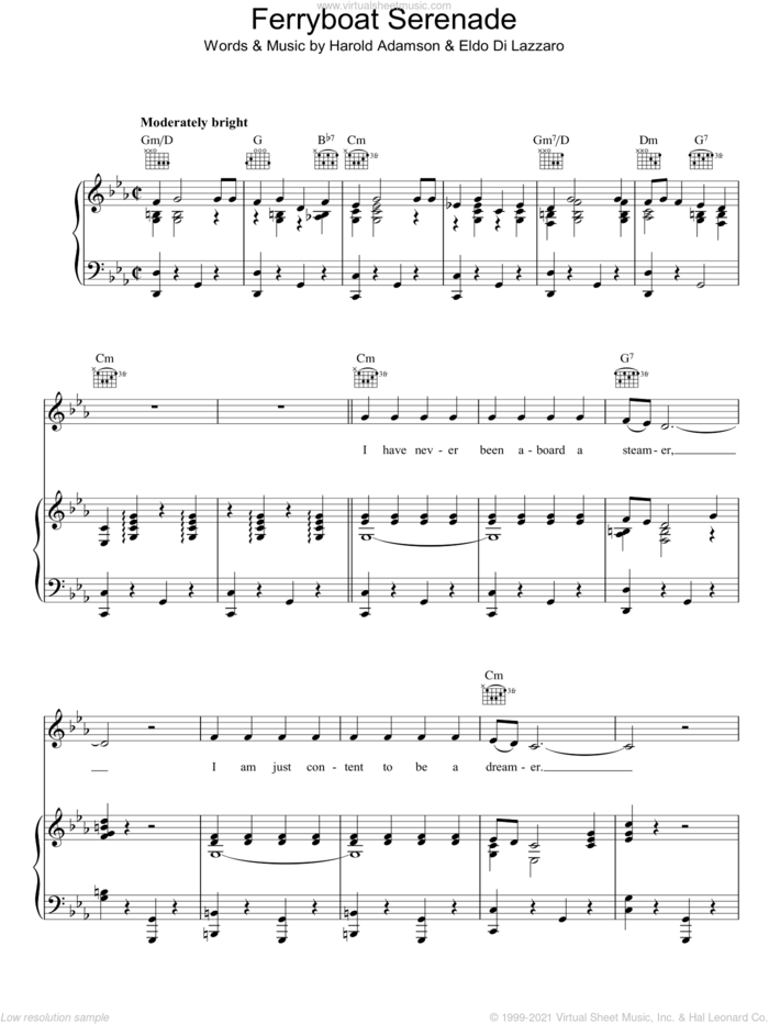 Ferryboat Serenade sheet music for voice, piano or guitar by Harold Adamson and Eldo di Lazzaro, intermediate skill level
