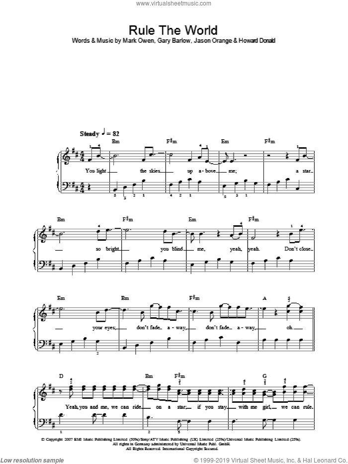 Rule The World, (easy) sheet music for piano solo by Take That, Gary Barlow, Howard Donald, Jason Orange and Mark Owen, easy skill level