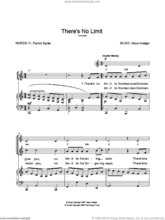 There's No Limit sheet music for voice, piano or guitar by Alison Hedger and The Prayer Trust, intermediate skill level