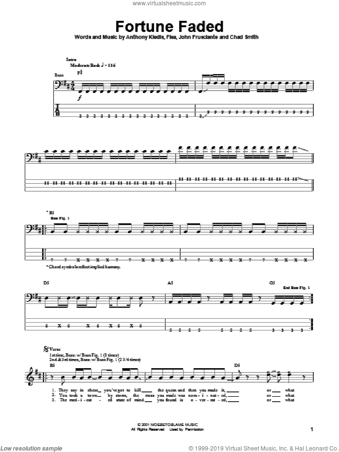 Fortune Faded sheet music for bass (tablature) (bass guitar) by Red Hot Chili Peppers, Anthony Kiedis, Flea and John Frusciante, intermediate skill level
