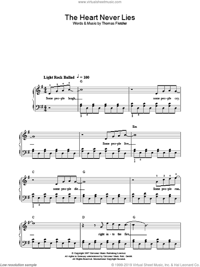 The Heart Never Lies sheet music for piano solo by McFly and Thomas Fletcher, easy skill level