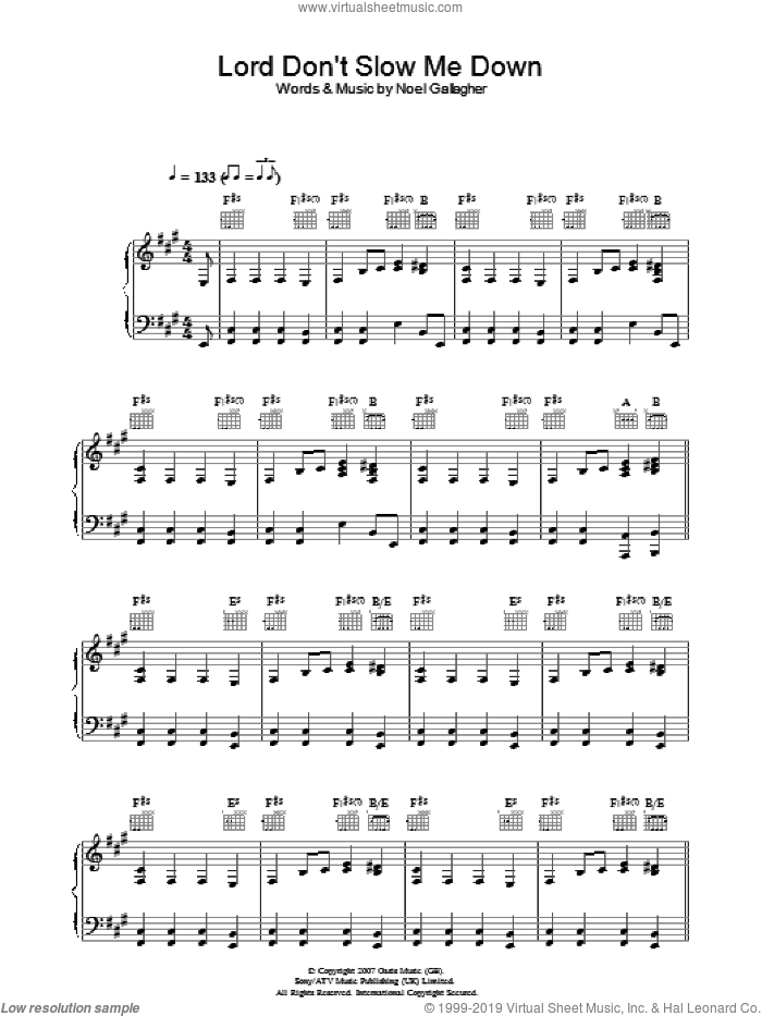 Lord Don't Slow Me Down sheet music for voice, piano or guitar by Oasis and Noel Gallagher, intermediate skill level