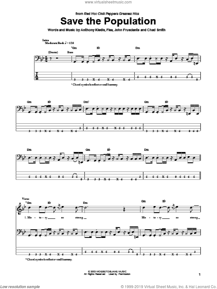 Save The Population sheet music for bass (tablature) (bass guitar) by Red Hot Chili Peppers, Anthony Kiedis, Flea and John Frusciante, intermediate skill level