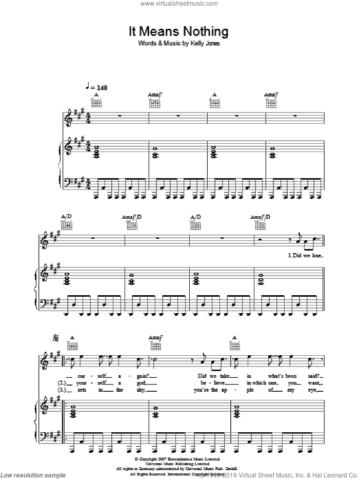 It Means Nothing sheet music for voice, piano or guitar by Stereophonics and Kelly Jones, intermediate skill level