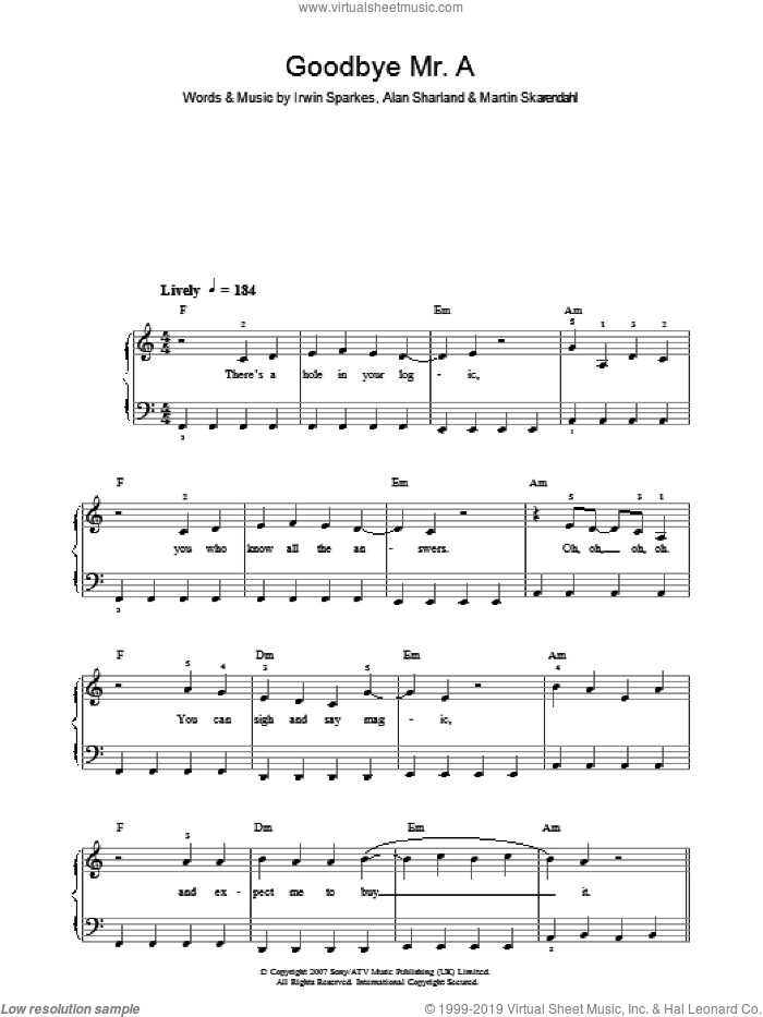 Goodbye Mr. A sheet music for piano solo by The Hoosiers, Alan Sharland, Irwin Sparkes and Martin Skarendahl, easy skill level