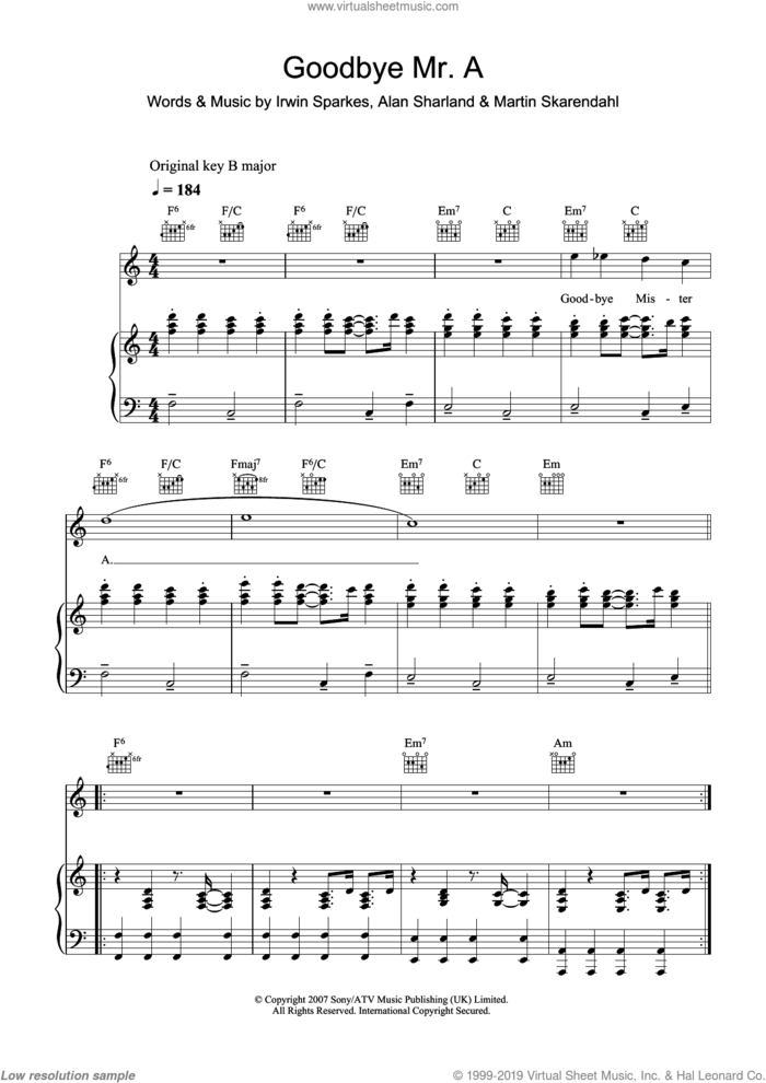 Goodbye Mr. A sheet music for voice, piano or guitar by The Hoosiers, Alan Sharland, Irwin Sparkes and Martin Skarendahl, intermediate skill level