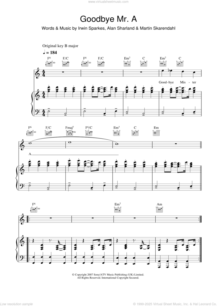 Goodbye Mr. A sheet music for voice, piano or guitar by The Hoosiers, Alan Sharland, Irwin Sparkes and Martin Skarendahl, intermediate skill level