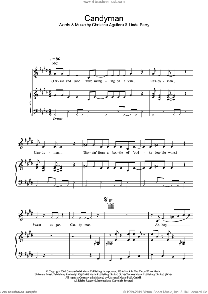 Candyman sheet music for voice, piano or guitar by Christina Aguilera and Linda Perry, intermediate skill level