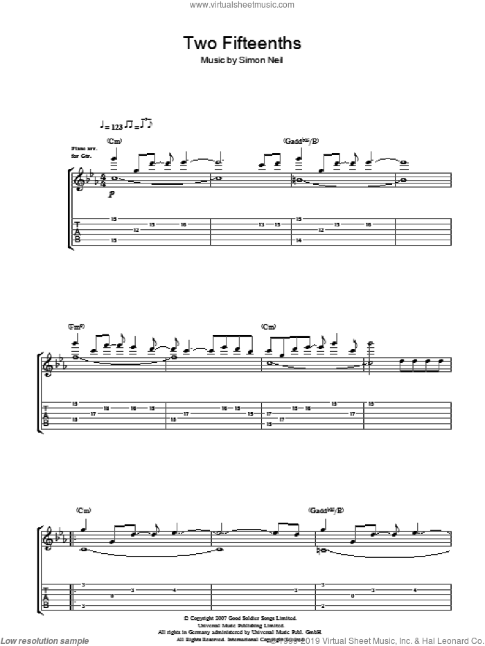 2/15ths (Two Fifteenths) sheet music for guitar (tablature) by Biffy Clyro and Simon Neil, intermediate skill level