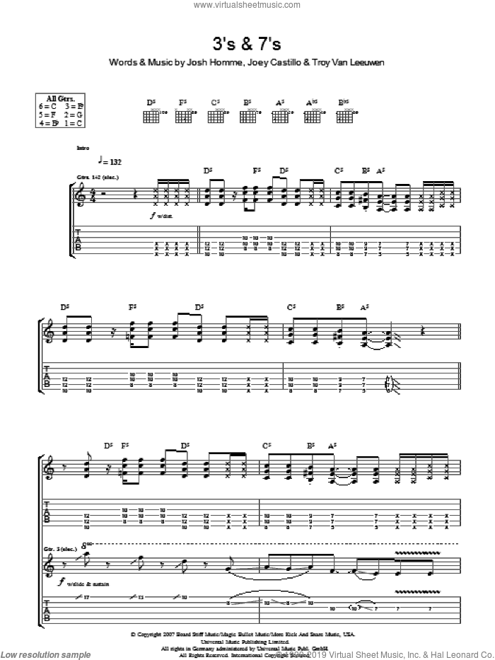 3's and 7's sheet music for guitar (tablature) by Queens Of The Stone Age, Joey Castillo, Josh Homme and Troy Van Leeuwen, intermediate skill level