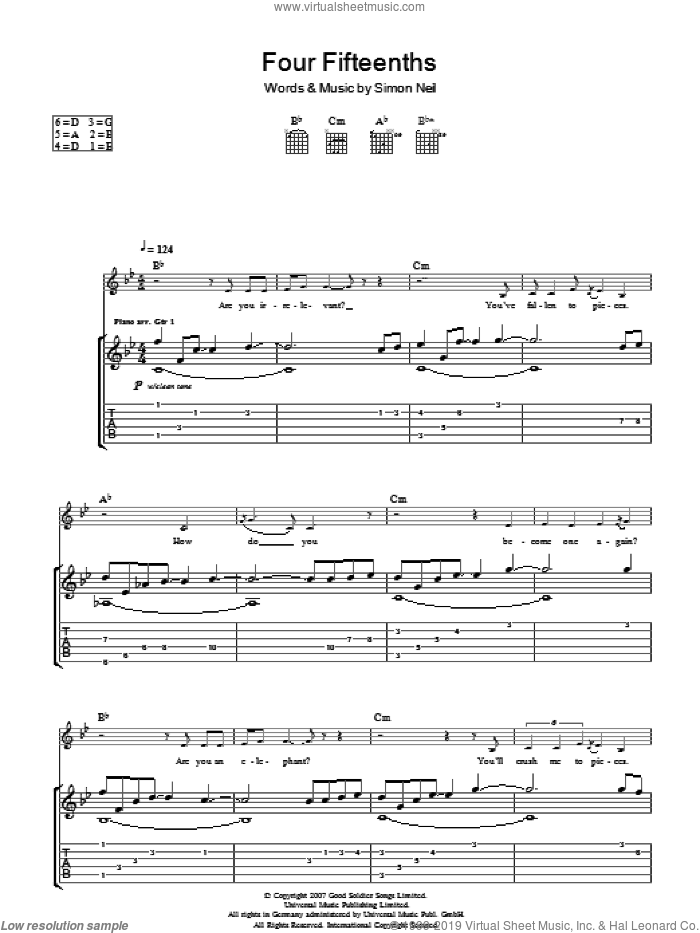 4/15ths (Four Fifteenths) sheet music for guitar (tablature) by Biffy Clyro and Simon Neil, intermediate skill level
