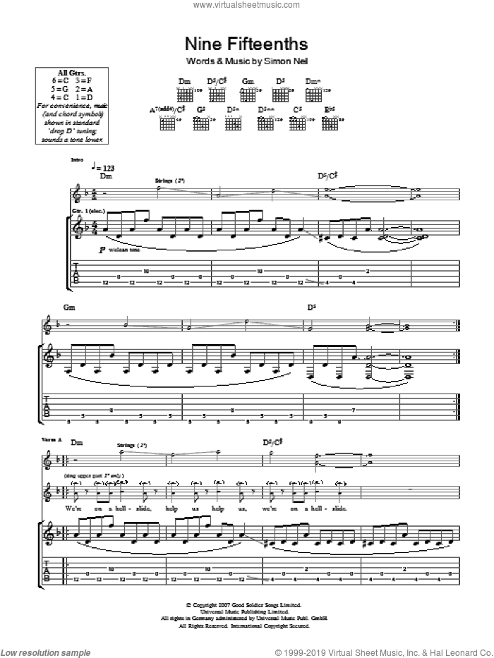 9/15ths (Nine Fifteenths) sheet music for guitar (tablature) by Biffy Clyro and Simon Neil, intermediate skill level