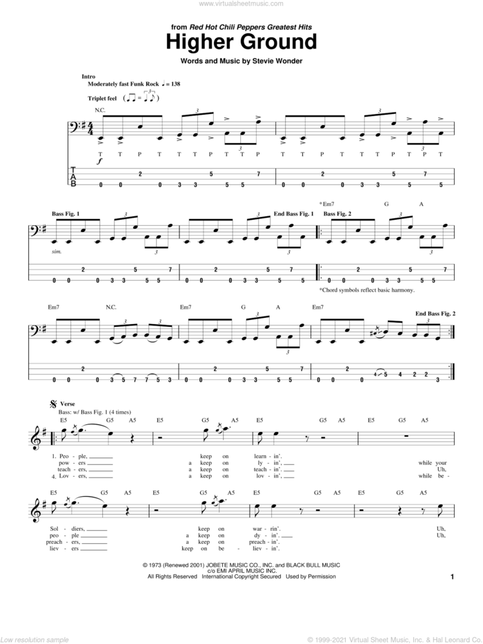 Higher Ground sheet music for bass (tablature) (bass guitar) by Red Hot Chili Peppers and Stevie Wonder, intermediate skill level