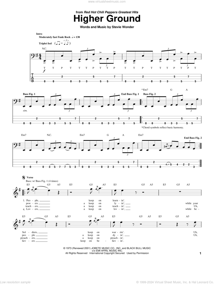 Higher Ground sheet music for bass (tablature) (bass guitar) by Red Hot Chili Peppers and Stevie Wonder, intermediate skill level