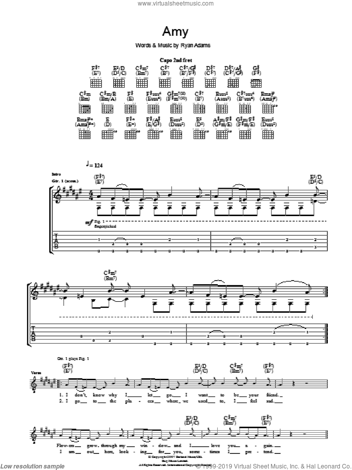 Amy sheet music for guitar (tablature) by Ryan Adams, intermediate skill level