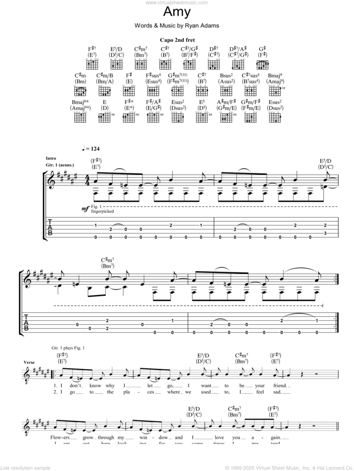 Amy sheet music for guitar (tablature) by Ryan Adams, intermediate skill level