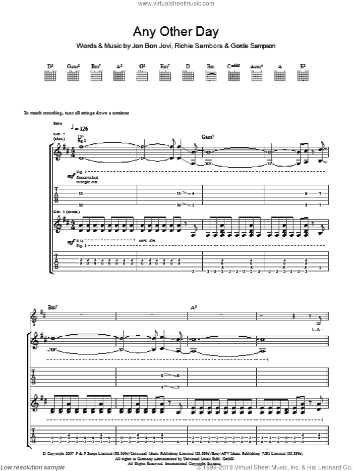 Any Other Day sheet music for guitar (tablature) by Bon Jovi, Gordie Sampson and Richie Sambora, intermediate skill level