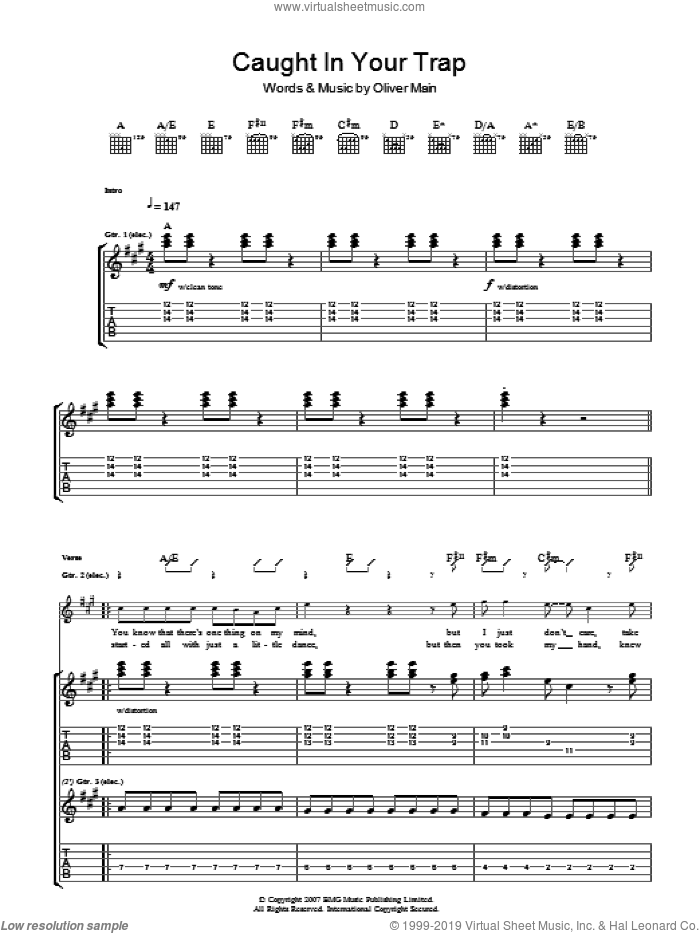 Caught In Your Trap sheet music for guitar (tablature) by The Pigeon Detectives and Oliver Main, intermediate skill level