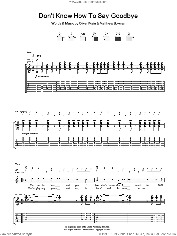 Don't Know How To Say Goodbye sheet music for guitar (tablature) by The Pigeon Detectives, Matthew Bowman and Oliver Main, intermediate skill level