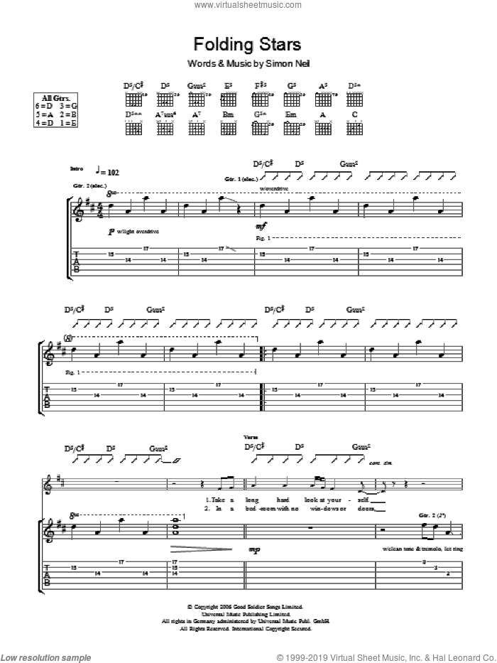 Folding Stars sheet music for guitar (tablature) by Biffy Clyro and Simon Neil, intermediate skill level