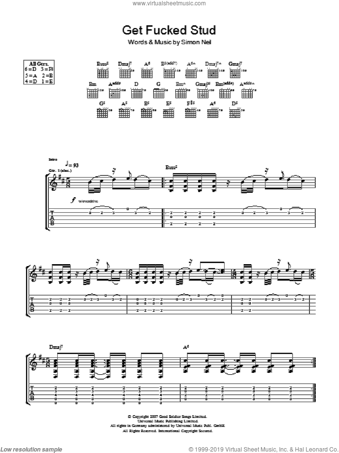 Get Fucked Stud sheet music for guitar (tablature) by Biffy Clyro and Simon Neil, intermediate skill level