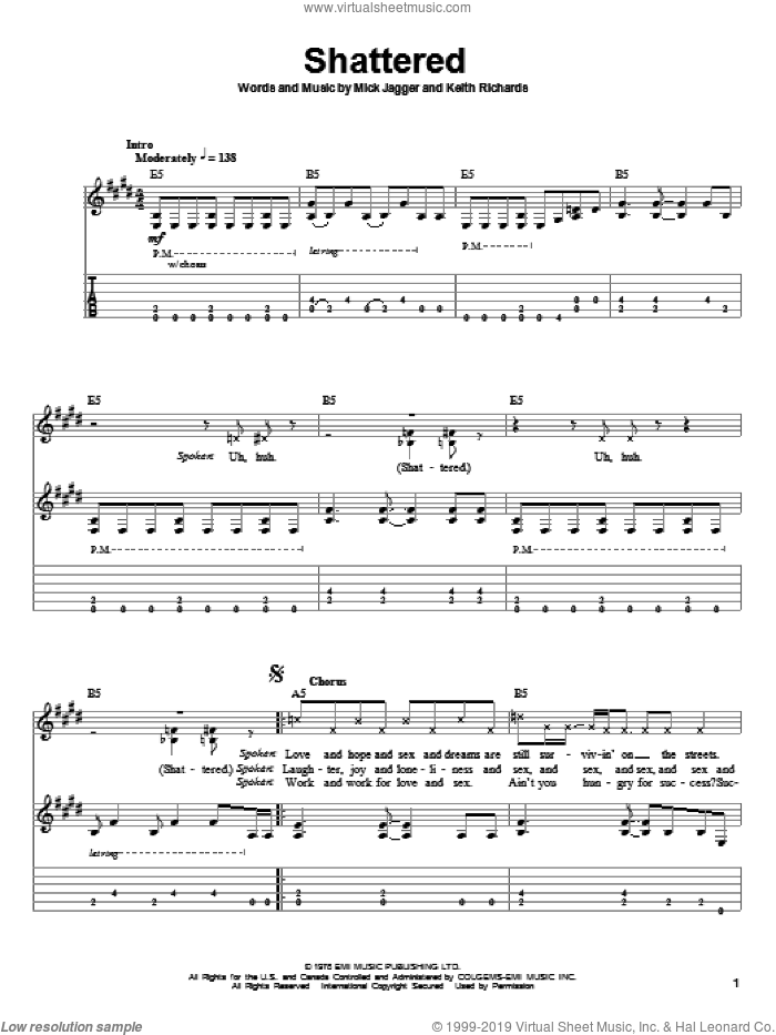 Shattered sheet music for guitar (tablature, play-along) by The Rolling Stones, Keith Richards and Mick Jagger, intermediate skill level