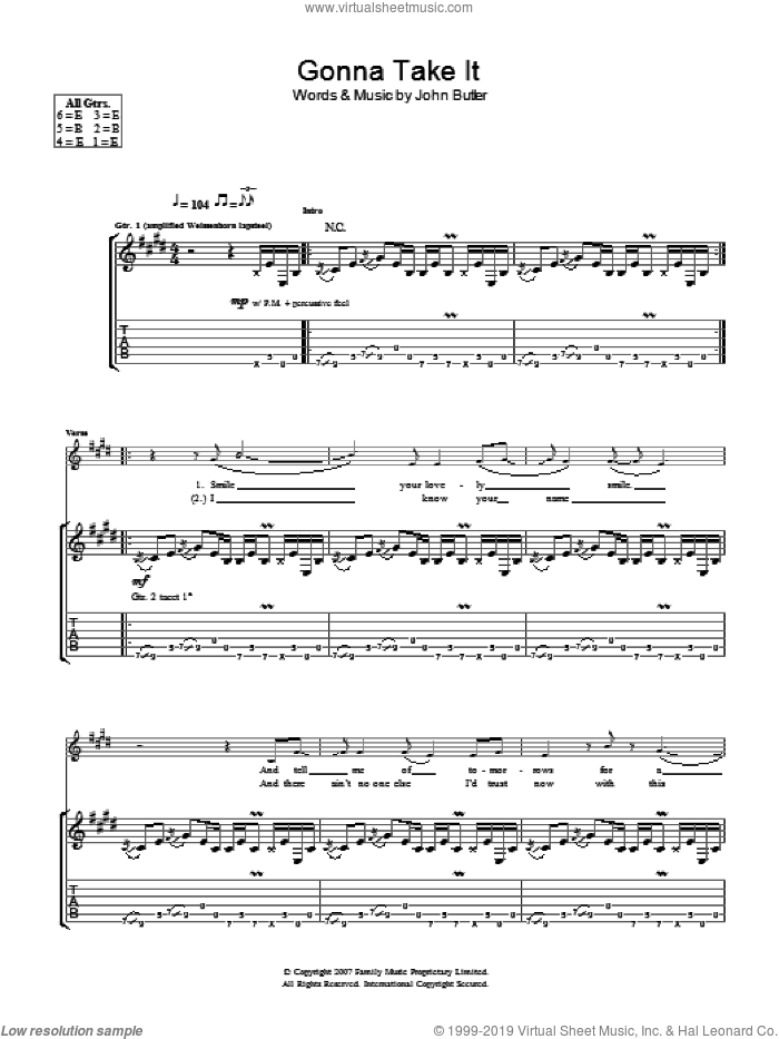Gonna Take It sheet music for guitar (tablature) by John Butler, intermediate skill level