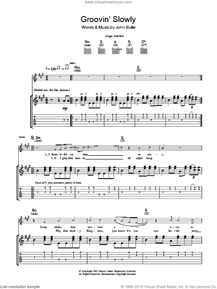 Groovin' Slowly sheet music for guitar (tablature) by John Butler, intermediate skill level