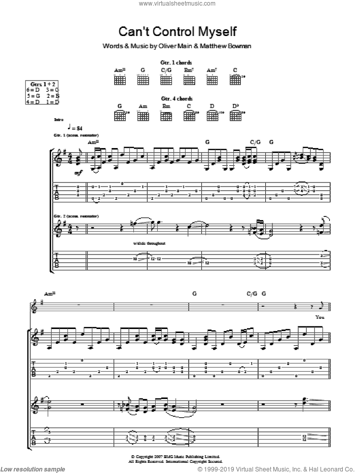I Can't Control Myself sheet music for guitar (tablature) by The Pigeon Detectives, Matthew Bowman and Oliver Main, intermediate skill level