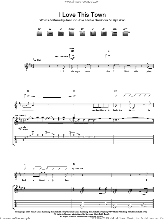 I Love This Town sheet music for guitar (tablature) by Bon Jovi, Billy Falcon and Richie Sambora, intermediate skill level