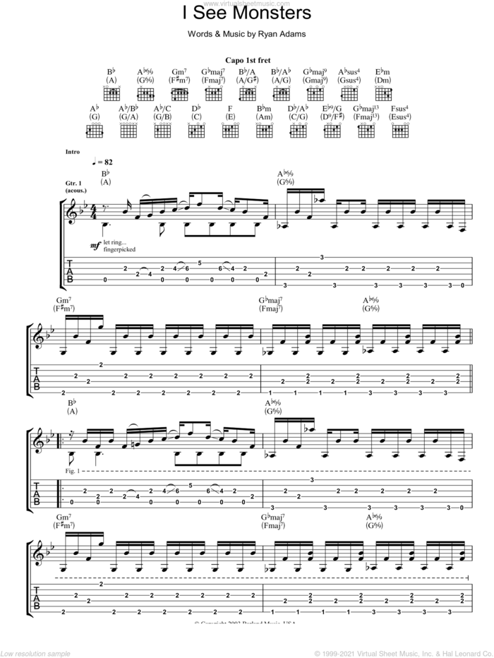 I See Monsters sheet music for guitar (tablature) by Ryan Adams, intermediate skill level