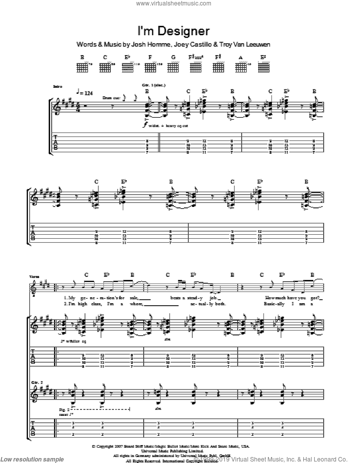 I'm Designer sheet music for guitar (tablature) by Queens Of The Stone Age, Joey Castillo, Josh Homme and Troy Van Leeuwen, intermediate skill level