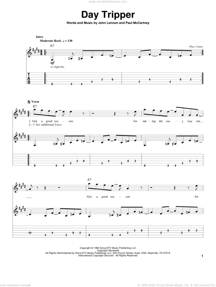 Day Tripper sheet music for guitar (tablature, play-along) by The Beatles, John Lennon and Paul McCartney, intermediate skill level