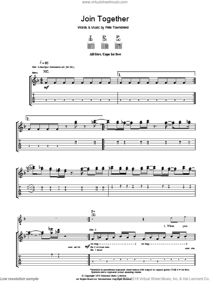 Join Together sheet music for guitar (tablature) by The Who and Pete Townshend, intermediate skill level