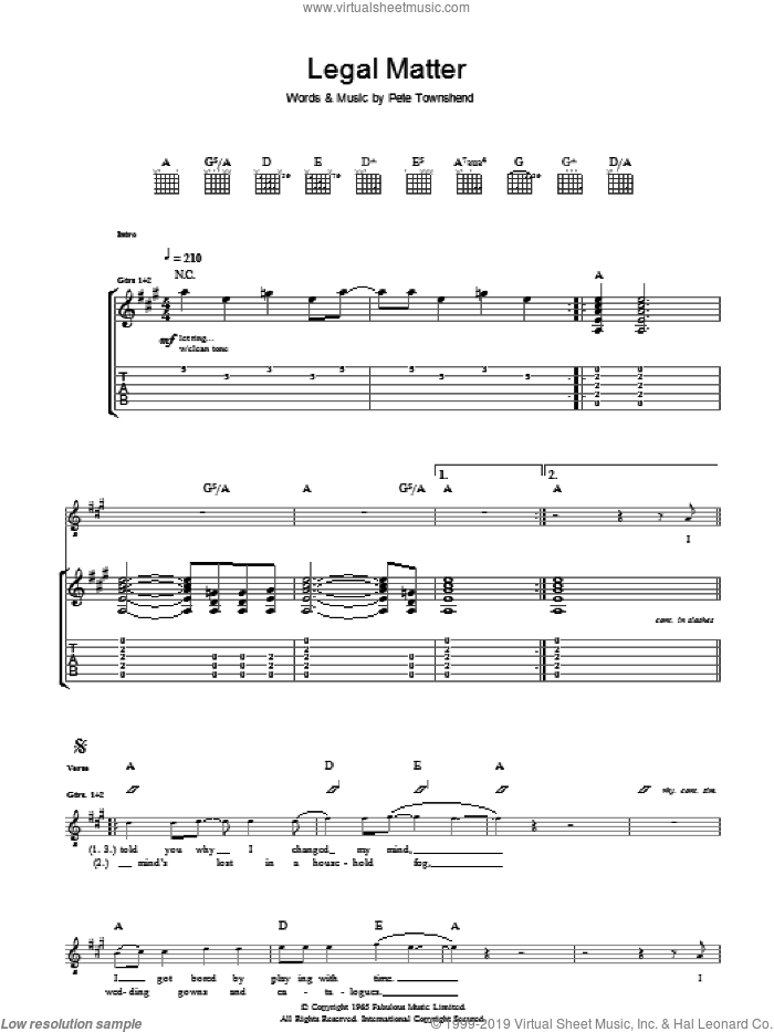 Legal Matter sheet music for guitar (tablature) by The Who and Pete Townshend, intermediate skill level