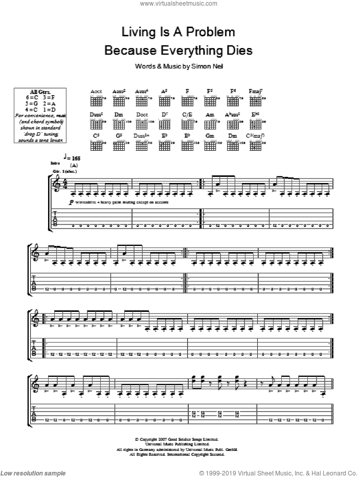 Living Is A Problem Because Everything Dies sheet music for guitar (tablature) by Biffy Clyro and Simon Neil, intermediate skill level
