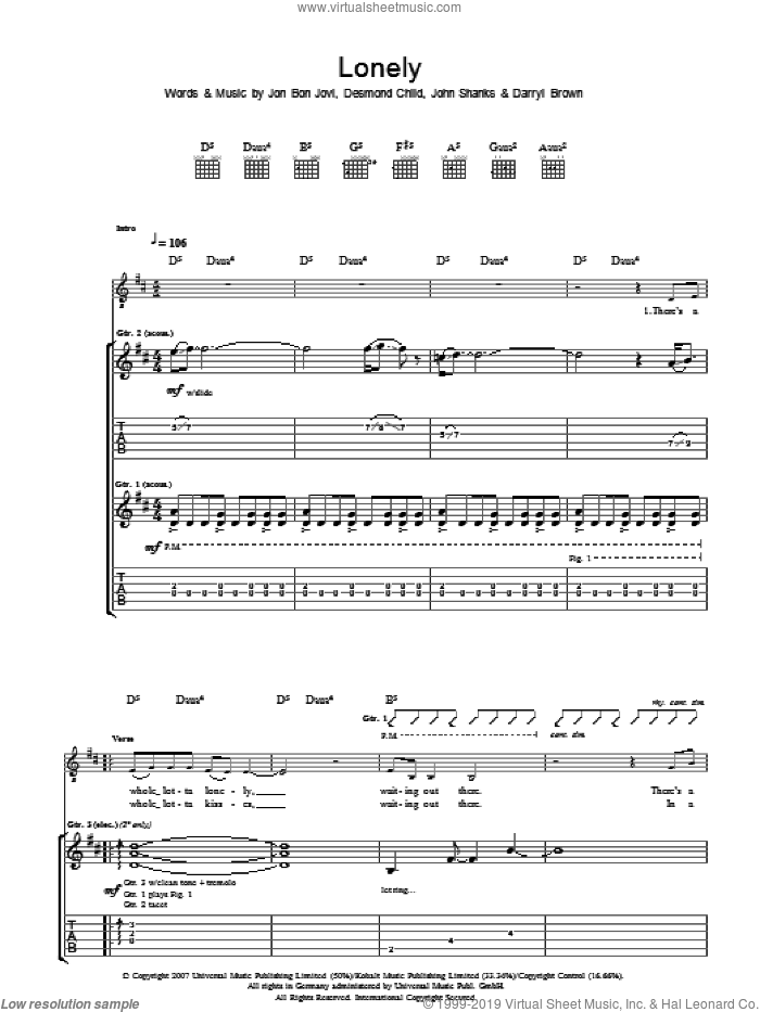 Lonely sheet music for guitar (tablature) by Bon Jovi, Darrell Brown, Desmond Child and John Shanks, intermediate skill level