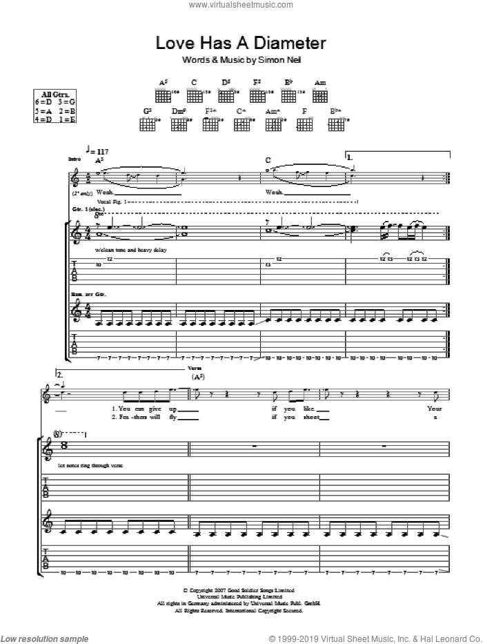 Love Has A Diameter sheet music for guitar (tablature) by Biffy Clyro and Simon Neil, intermediate skill level
