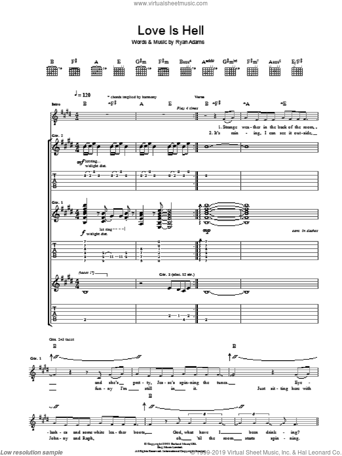 Love Is Hell sheet music for guitar (tablature) by Ryan Adams, intermediate skill level