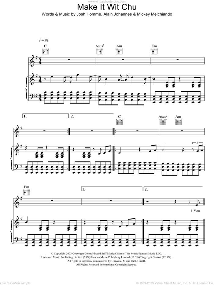 Make It Wit Chu sheet music for voice, piano or guitar by Queens Of The Stone Age, Alain Johannes, Josh Homme and Mickey Melchiondo, intermediate skill level
