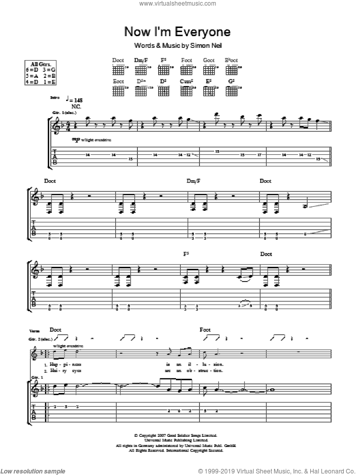Now I'm Everyone sheet music for guitar (tablature) by Biffy Clyro and Simon Neil, intermediate skill level