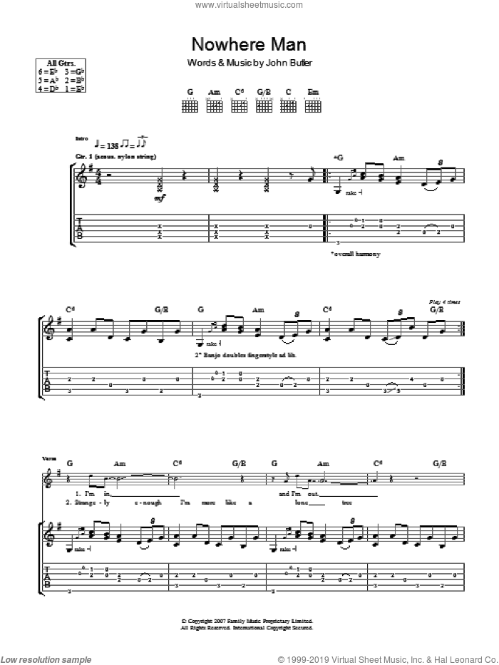 Nowhere Man sheet music for guitar (tablature) by John Butler, intermediate skill level