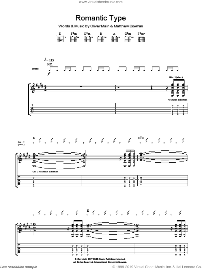 Romantic Type sheet music for guitar (tablature) by The Pigeon Detectives, Matthew Bowman and Oliver Main, intermediate skill level