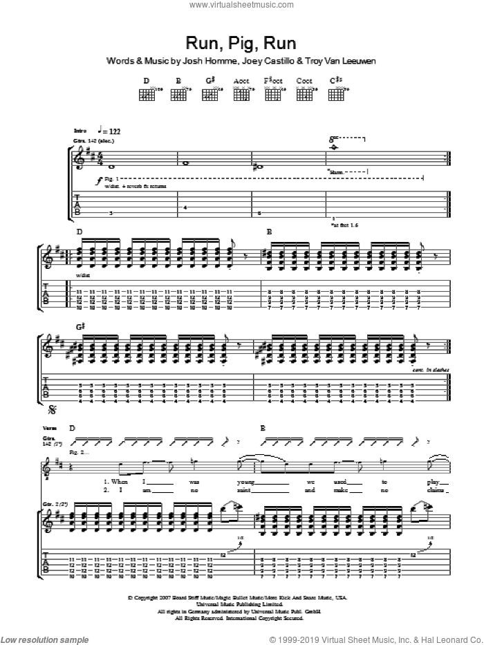 Run Pig Run sheet music for guitar (tablature) by Queens Of The Stone Age, Joey Castillo, Josh Homme and Troy Van Leeuwen, intermediate skill level