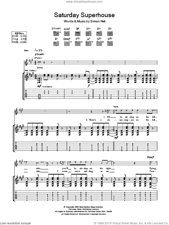 Saturday Superhouse sheet music for guitar (tablature) by Biffy Clyro and Simon Neil, intermediate skill level