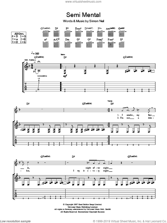 Semi-Mental sheet music for guitar (tablature) by Biffy Clyro and Simon Neil, intermediate skill level