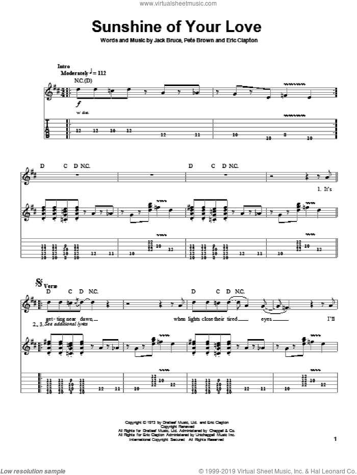 Sunshine Of Your Love sheet music for guitar (tablature, play-along) by Cream, Eric Clapton, Jack Bruce and Pete Brown, intermediate skill level