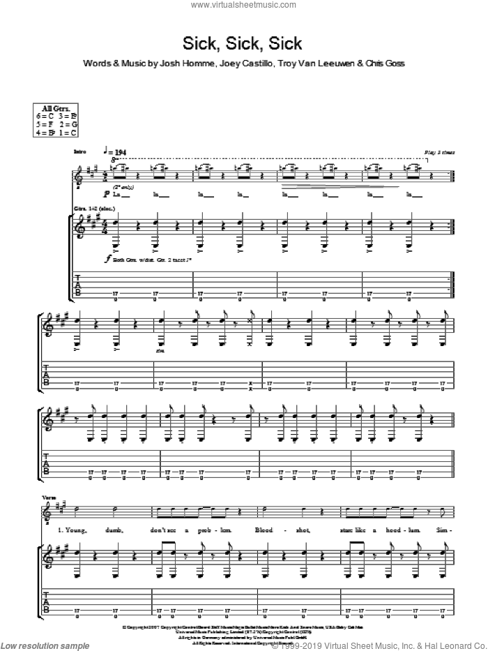Sick, Sick, Sick sheet music for guitar (tablature) by Queens Of The Stone Age, Chris Goss, Joey Castillo, Josh Homme and Troy Van Leeuwen, intermediate skill level